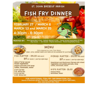 Fish Fry Dinner ($15.00 Fish Platter Pre-sale) - Friday March 6th