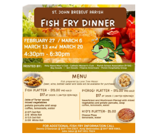 Fish Fry Dinner ($15.00 Fish Platter Pre-sale) - Friday March 13th 