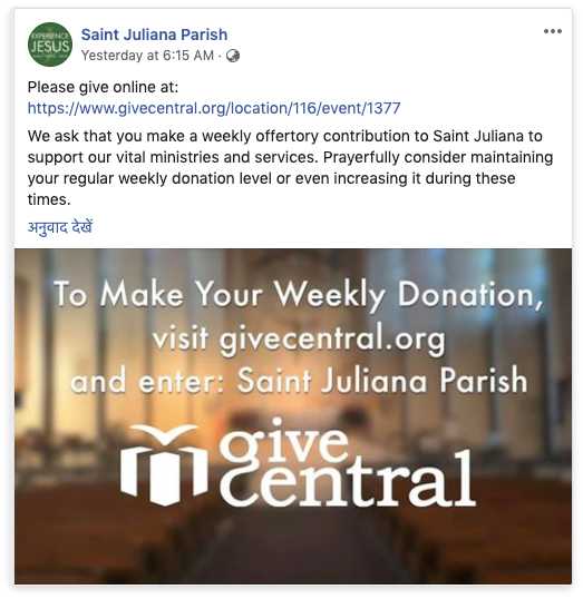 Saint Juliana Parish online donation post
